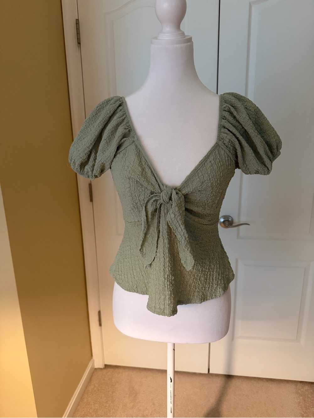 See You Monday Sage Green Puff Sleeve Tie-Front off shoulder Blouse